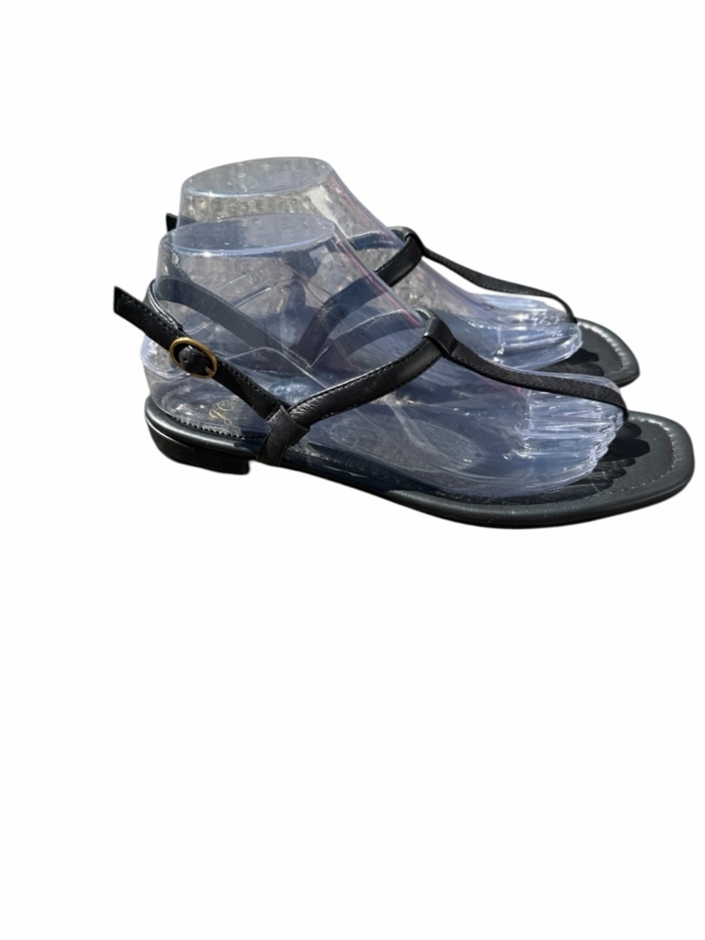 J. Crew Black T-Strap Leather Sandals with Gold Buckle - Picture 3 of 10